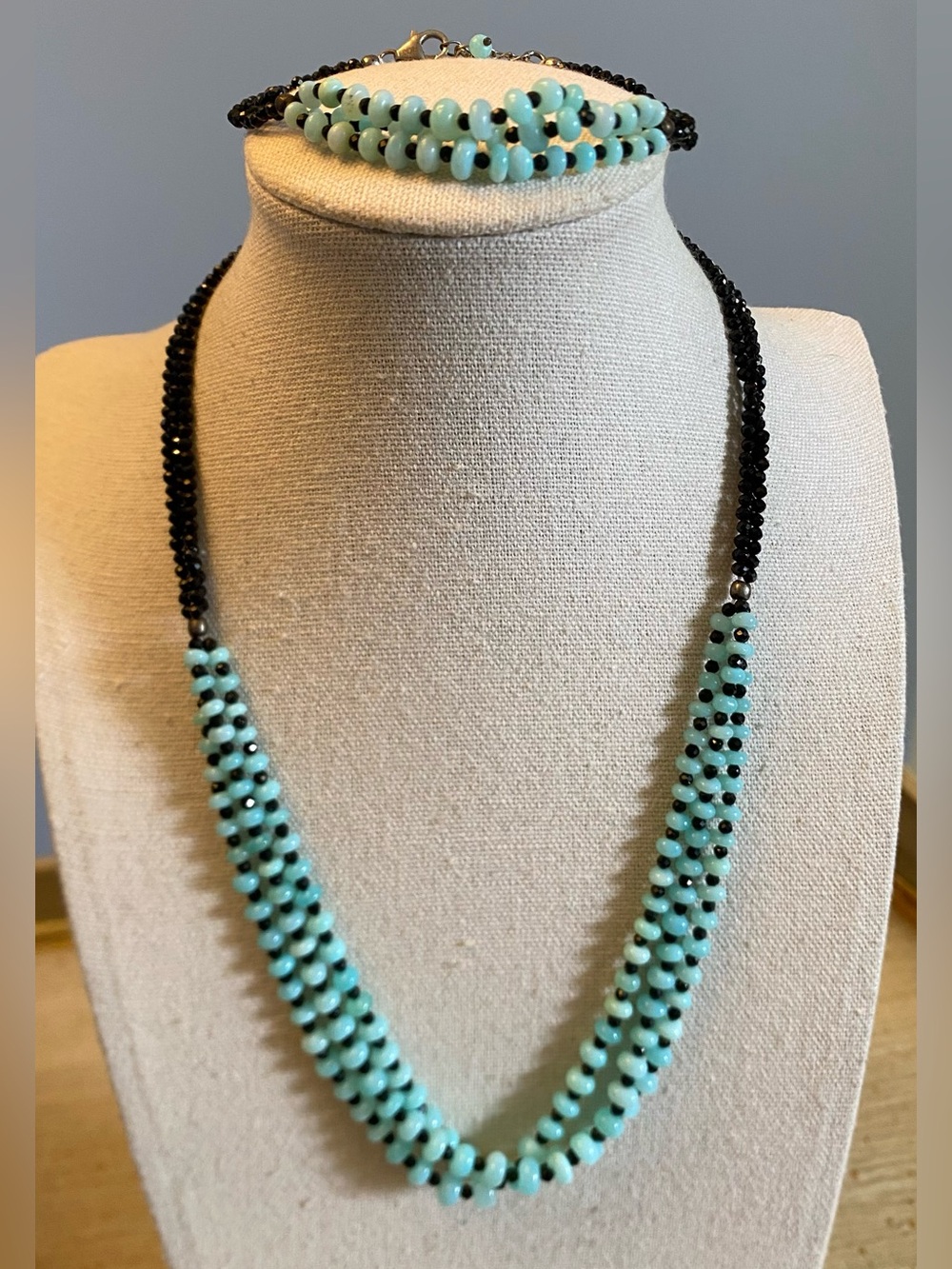RCJ 925 Sterling Silver Amazonite & Black Crystal Necklace Bracelet Set